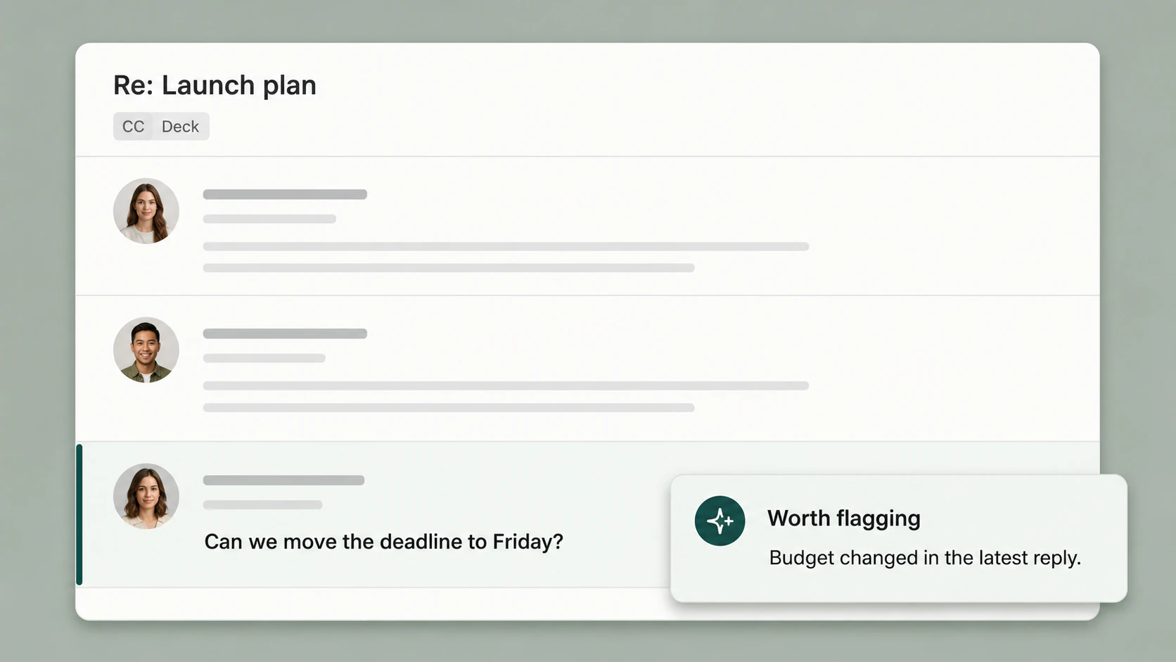 An email thread with Deck copied and privately flagging a budget change