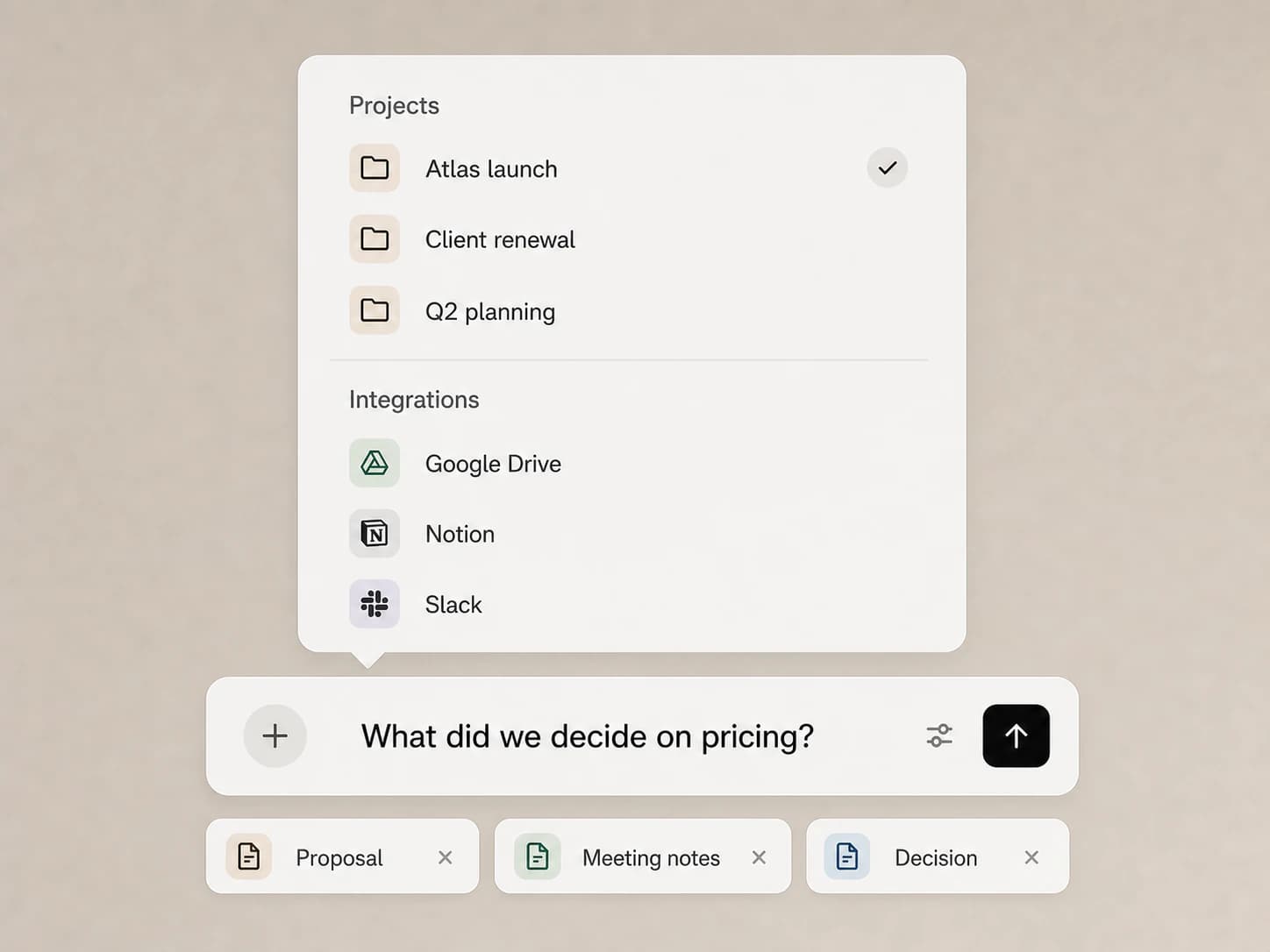 A chat composer opening a menu of remembered projects and connected integrations